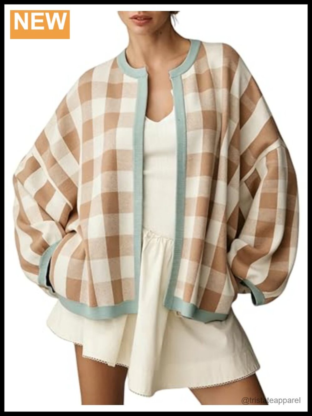 Womens Open Front Gingham Knit Cardigan Long Balloon Sleeves Plaid Sweater